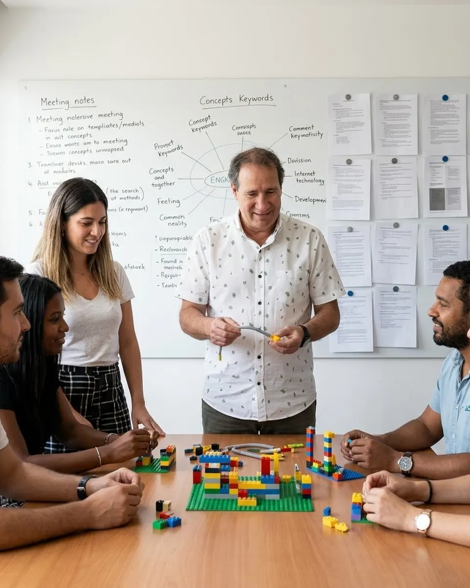 Equipo trabajando con modelos construidos mientras Juan José Fulgi facilita